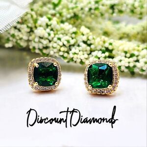 Green Emerald Earrings with White Baguette Diamonds 14K Gold on 925